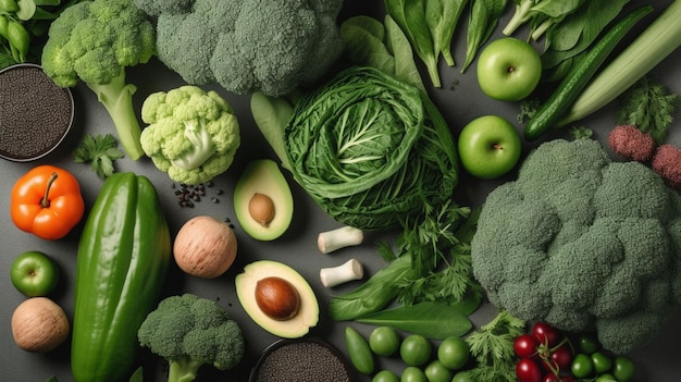 Variety of Green Vegetables and Fruits on the grey background