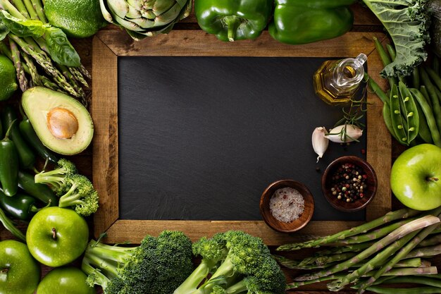 Variety of green vegetables and fruits