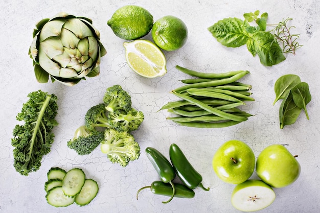 Variety of green vegetables and fruits