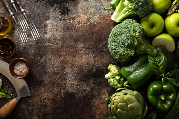 Variety of green vegetables and fruits