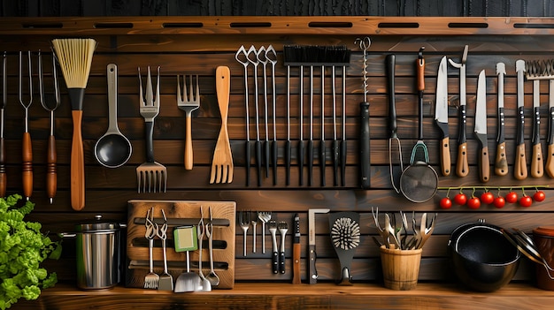 A variety of grilling tools including tongs brushes and skewers arranged on a barbecue station