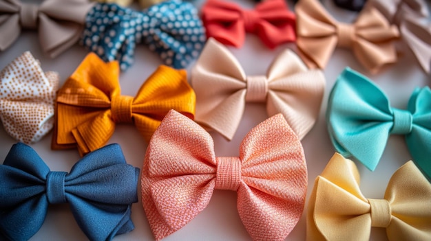 A variety of hair bows in different colors and patterns neatly arranged on a display table with a focus on their details and the playful decorative nature of each bow