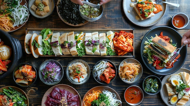 Photo a variety of halal banchan small side dishes including pickled vegetables and seaweed