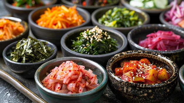 Photo a variety of halal banchan small side dishes including pickled vegetables and seaweed