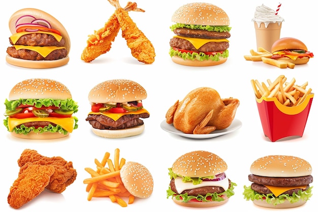 A variety of hamburgers and french fries displayed together showcasing different types and toppings