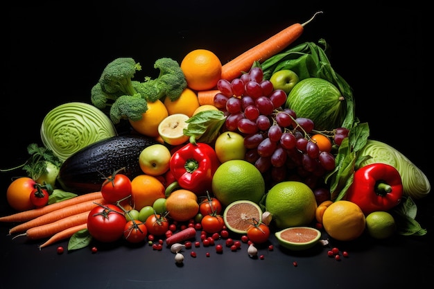 Variety of healthy fruits and vegetables AI generated