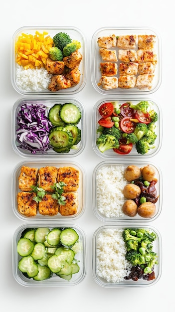 A variety of healthy meal prep containers showcase colorful fresh ingredients for balanced meals