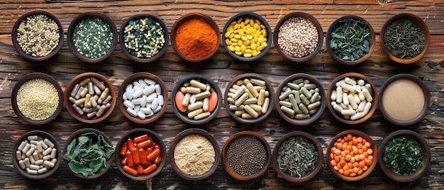 Variety of herbal supplements and vitamins in bowls wooden background top view