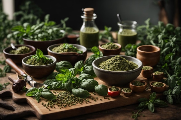 a variety of herbs on a cutting board ai generative