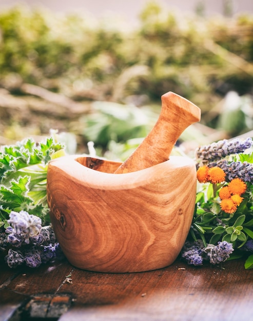 Variety of herbs and mortar on wooden background