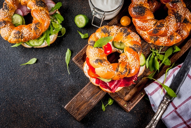 Variety of homemade bagels sandwiches