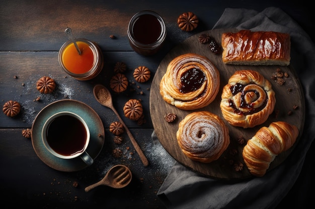 Variety of homemade puff pastry buns cinnamon rolls and croissant served with coffee cup AI generated