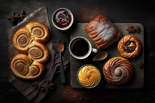 Variety of homemade puff pastry buns cinnamon rolls and croissant served with coffee cup AI generated