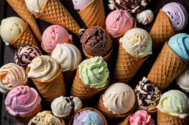 a variety of ice cream cones are stacked together