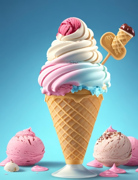 Variety of ice cream in cones with chocolate vanilla and strawberry