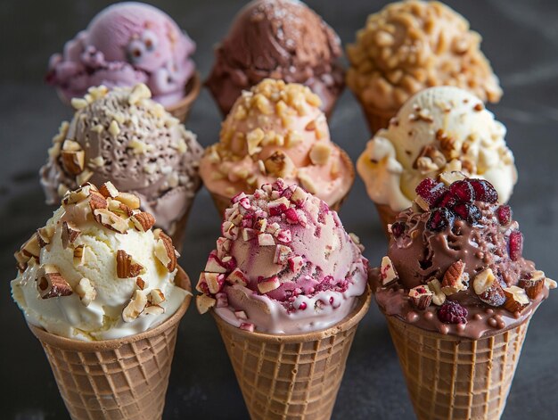 Variety of Ice Cream Cones with Toppings