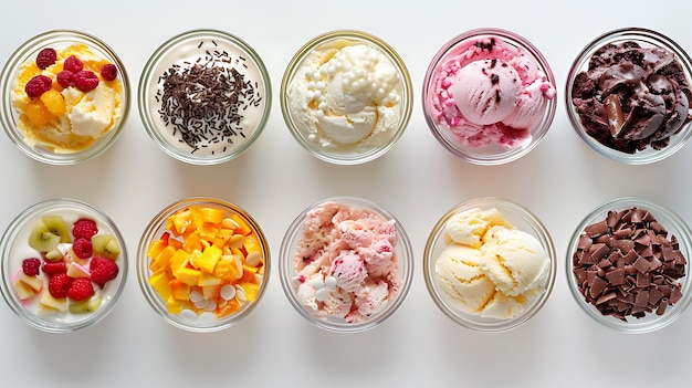 Photo variety of ice cream toppings in glass bowls on white background