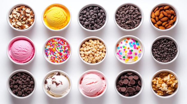 A variety of ice cream toppings like sprinkles nuts and chocolate chips in small bowls arranged neatly on a white background