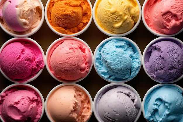 A variety of ice creams are displayed in a cup.