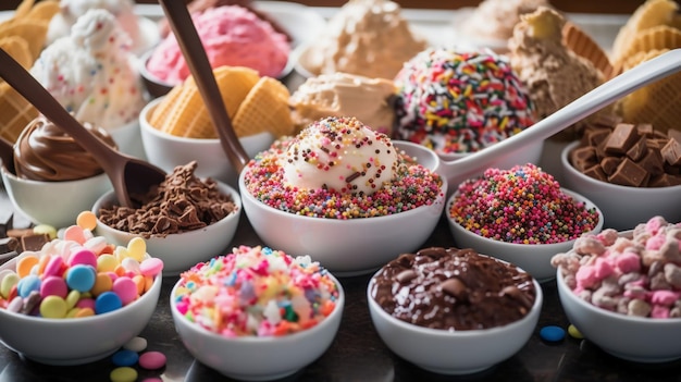 A variety of ice creams are displayed on a table.