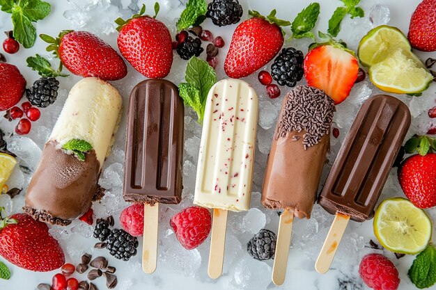 Photo a variety of ice creams are on ice and strawberries