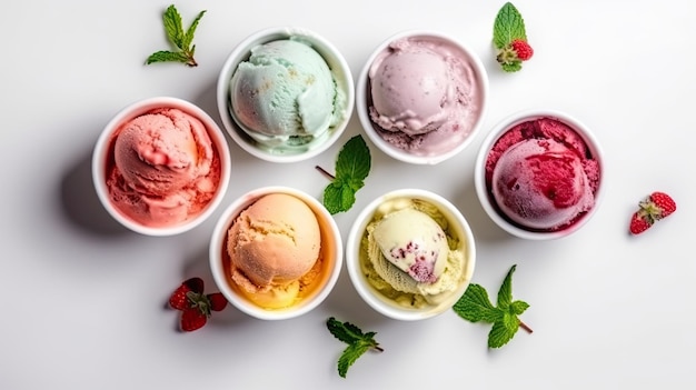 A variety of ice creams are on a table.