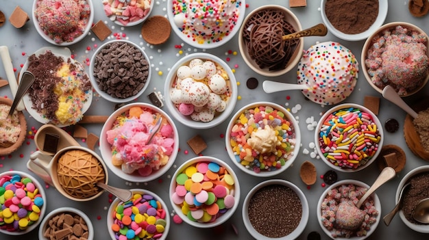 A variety of ice creams are on a table.