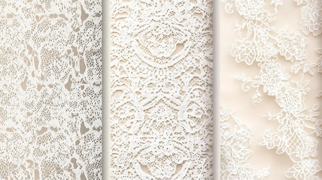 Variety of intricate lace patterns displayed on fabric rolls in a textile shop