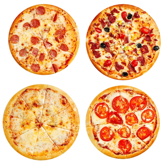 Variety of isolated pizzas menu collage disign