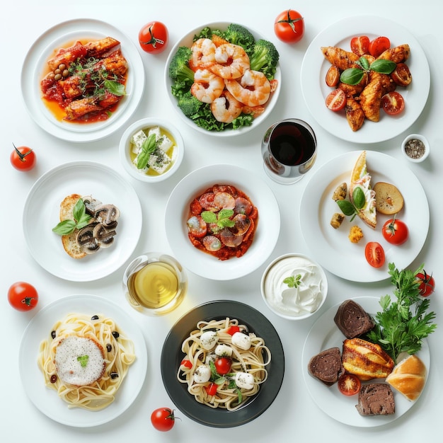 Variety of Italian dishes including pasta seafood and meats presented on a white background