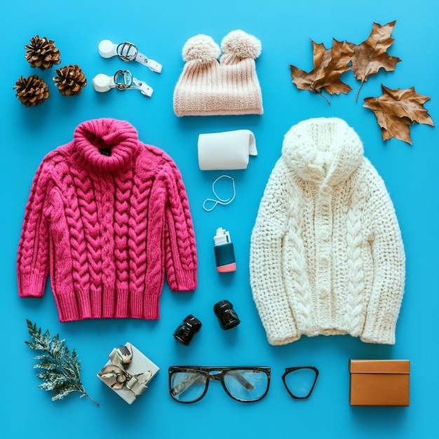 a variety of items including a sweater sweater and sunglasses