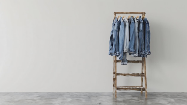 Photo variety of jeans displayed on rack near white wall