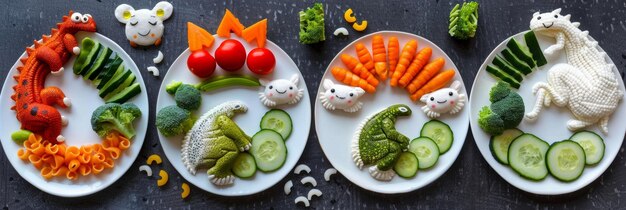 Photo a variety of kidfriendly healthy meals creatively arranged on playful animalshaped plates