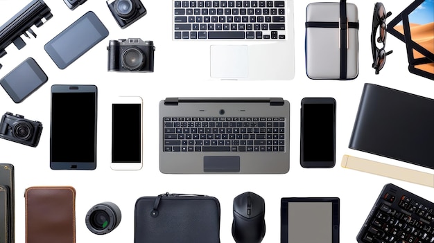 Variety of Laptops and Tablets with Accessories on white background