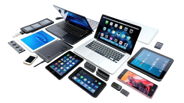 Variety of Laptops and Tablets with Accessories on white background