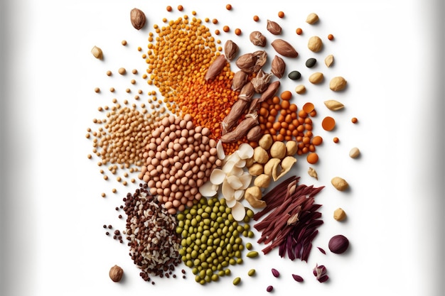 A variety of legumes are shown on a white background.