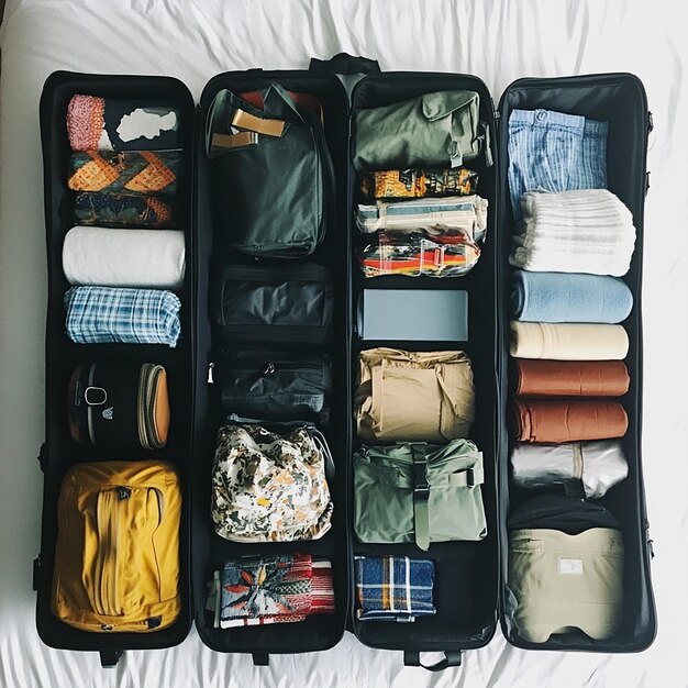 a variety of luggage including one that has a shirt in it