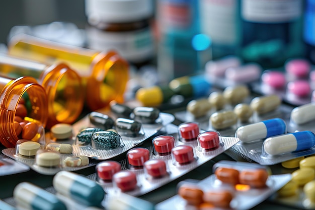 Variety of medications and pills on pharmacy counter