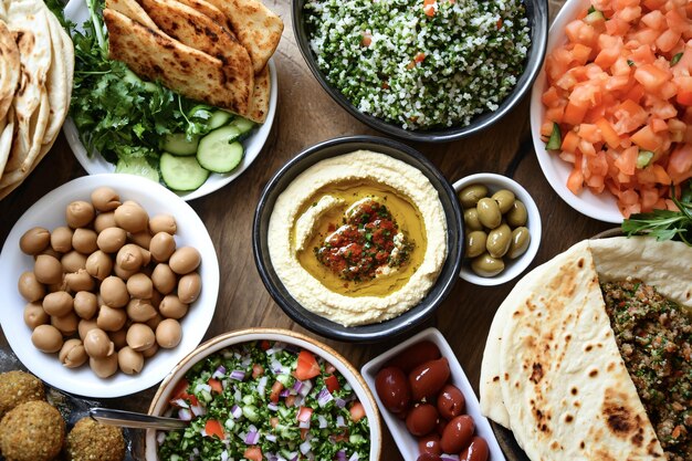 Photo variety of middle eastern dishes arranged on a wooden table