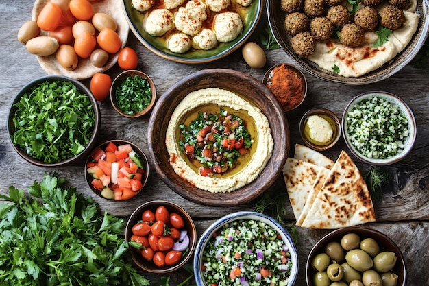 Photo variety of middle eastern dishes displayed on rustic wooden table