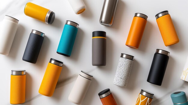 Photo variety of modern insulated water bottles in different colors and designs