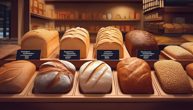 Photo a variety of multigrain breads displayed in a bakery with labels describing the different grains