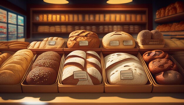 Photo a variety of multigrain breads displayed in a bakery with labels describing the different grains