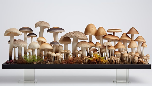 A variety of mushroom sculptures of different shapes and sizes on a black stand resembling a miniature forest