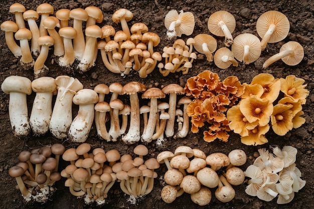 A variety of mushrooms are arranged on the ground