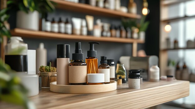 Photo a variety of natural beauty products displayed on a wooden counter in a spalike setting