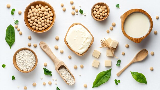 Photo variety of natural soy products on white background