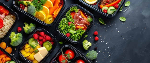 A variety of nutritious meal prep containers display a feast of colors and balanced diet options