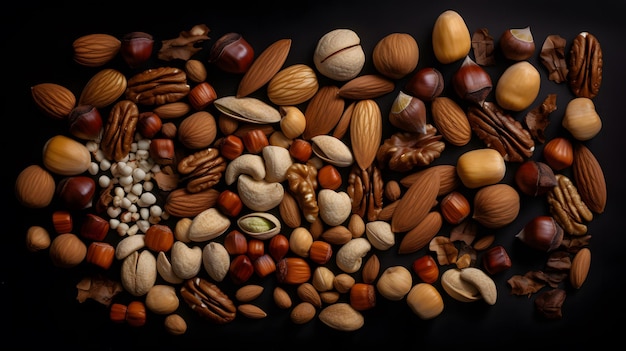 A variety of nuts are on a black background.