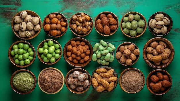 A variety of nuts are displayed on a green table.